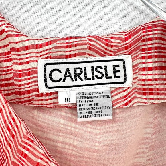 CARLISLE Vintage Shirt Womens 10 Red Cream Silk Short Sleeve Round Neck top - Picture 10 of 15